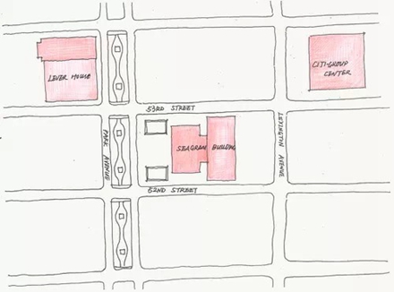 利华大厦、西格拉姆大厦与花旗银行大厦,三座建筑的地块关系示意图(绘图 By 史伦)